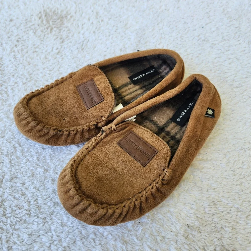 Lucky Brand Kids Brown Plaid Lined Moccasin‎ Slippers Size 2/3